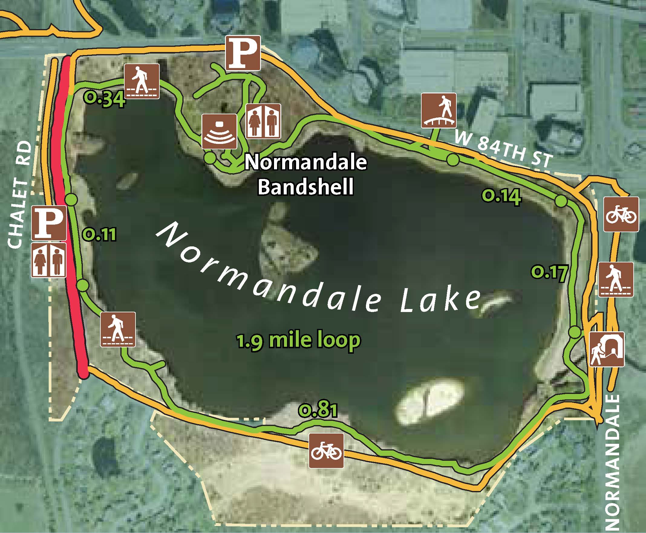 Hiking and biking trail map for Normandale Lake.