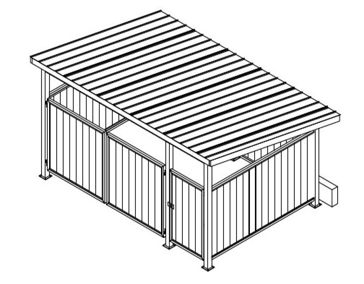 schematic drawing of new organics recycling dumpster enclosure, depicting wide gates for hauler access and small side door for users to drop off materials for organics recycling