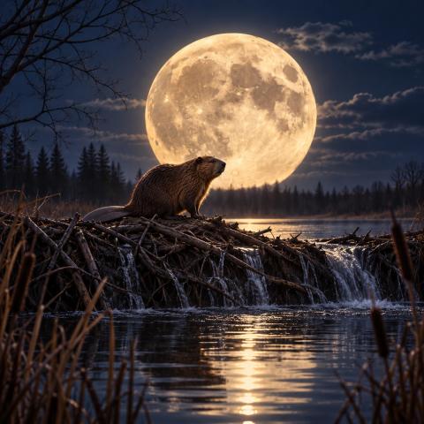 Beaver on a dam with a full moon behind