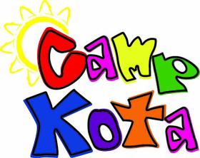 Red, pink, purple, blue, green and orange Camp Kota logo with yellow sun upper left