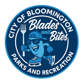 Blades and Bites logo with cartoon character skating with fork in hand