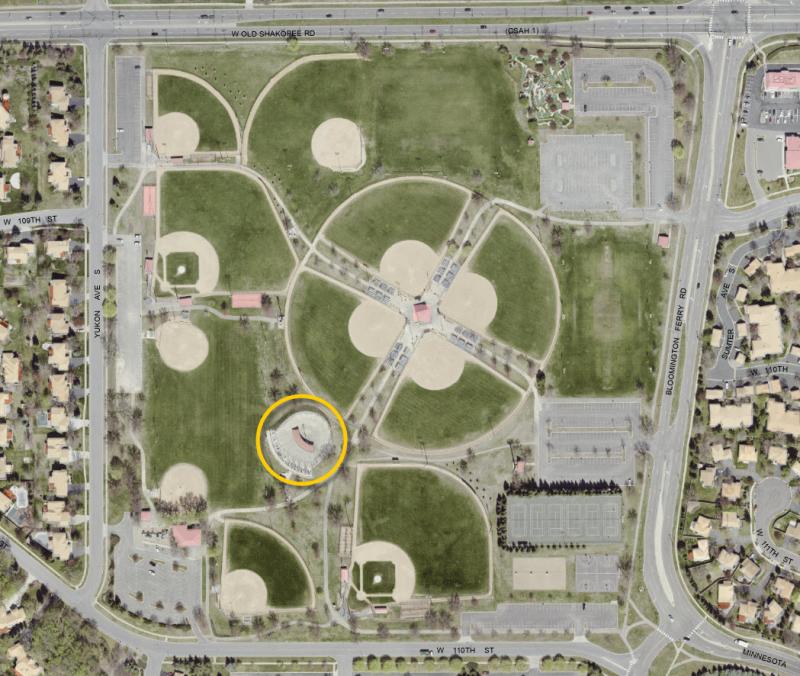 Overhead map with Clutch Hitters location circled at Dred Scott Playfield