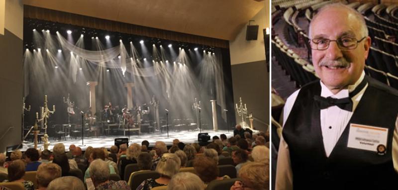 An image of a theater stage on the left with a smiling usher volunteer on the right