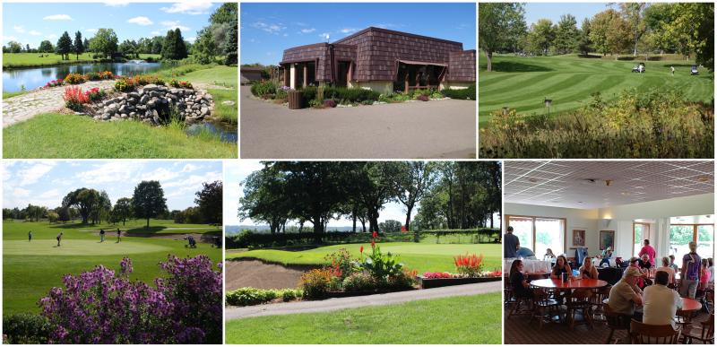 6-photo montage of Dwan Golf Course holes and clubhouse