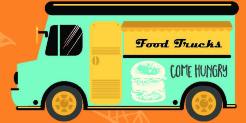 Green, gold and orange illustration of a food truck