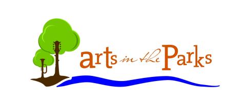 orange Arts in the Parks logo with green and brown trees that look like musical instruments and a blue swoosh underneath