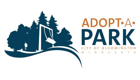 Orange and blue Adopt-A-Park program logo with an illustration of trees and a swingset