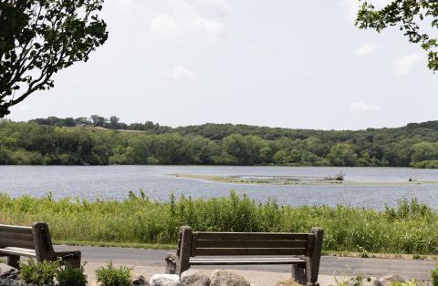 Normandale Lake with 2 benches in the foreground