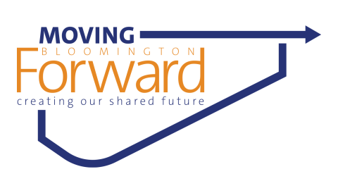 Orange and blue Moving Bloomington Forward logo with right facing arrow