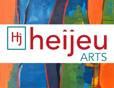 Heijeu Arts logo red and teal over an abstract painting background of blue, orange, green, and purple