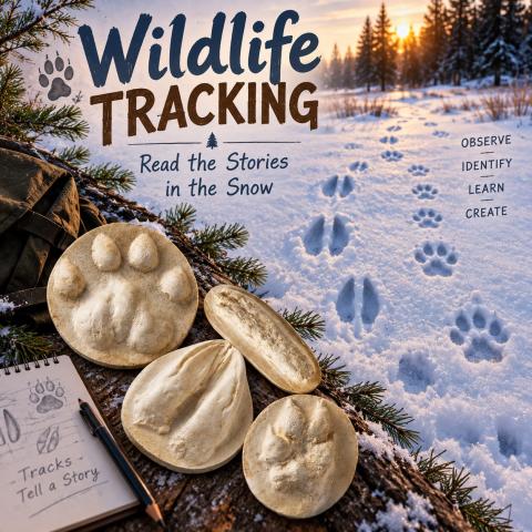 Graphic depicting animal tracks in plaster and in the snow with text Wildlife Tracking: Read the Stories in the Snow