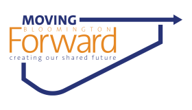 Orange and blue Moving Bloomington Forward logo with right facing arrow