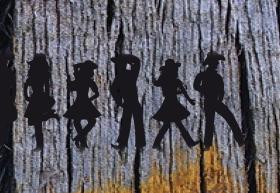 Graphic illustration with weathered wood background and silhouette of line dancers