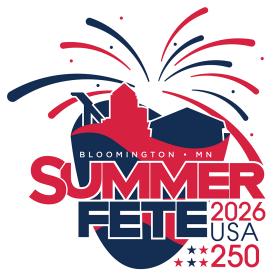 Red white and blue Summer Fete logo featuring fireworks, and Normandale Lake Park landmarks plus USA 250 copy