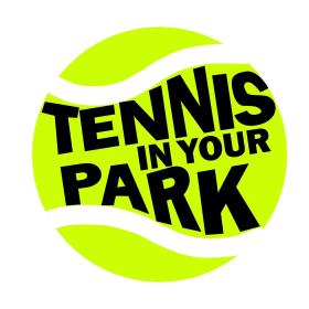 Bright green tennis ball illustration with Tennis in Your Park written in the middle in black text
