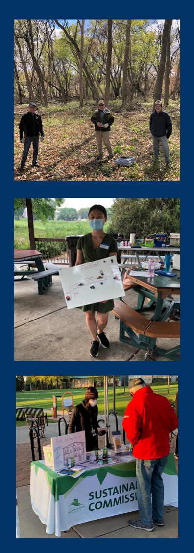 Three photos of sustainability commissioners in a row with blue boarder. One photo has three people standing by trees, the next has a masked woman standing by a picnic table holding a white board, the last photo is of two people at the Bloomington farmers market 