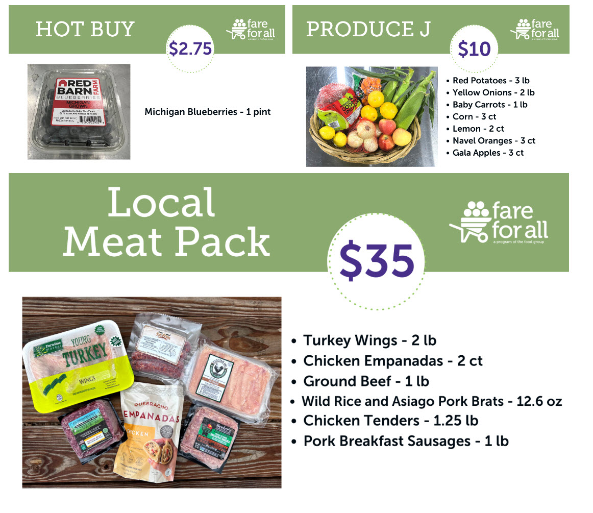 Fare For All August 2023 Hot Buys...blueberries, meat pack, produce pack