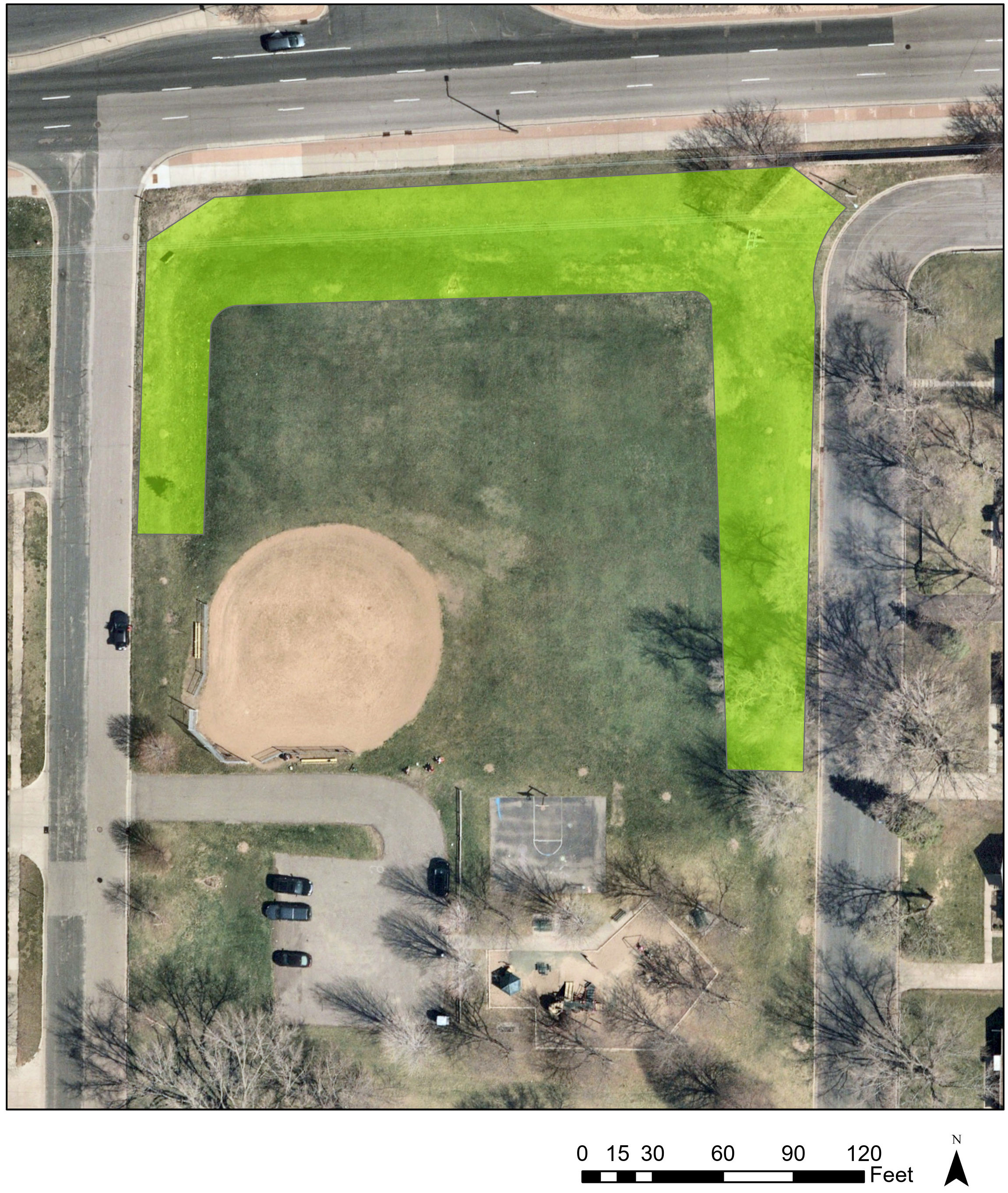 Fenlason Park overhead map with shaded areas for prairie restoration fall 2023 through spring 2024