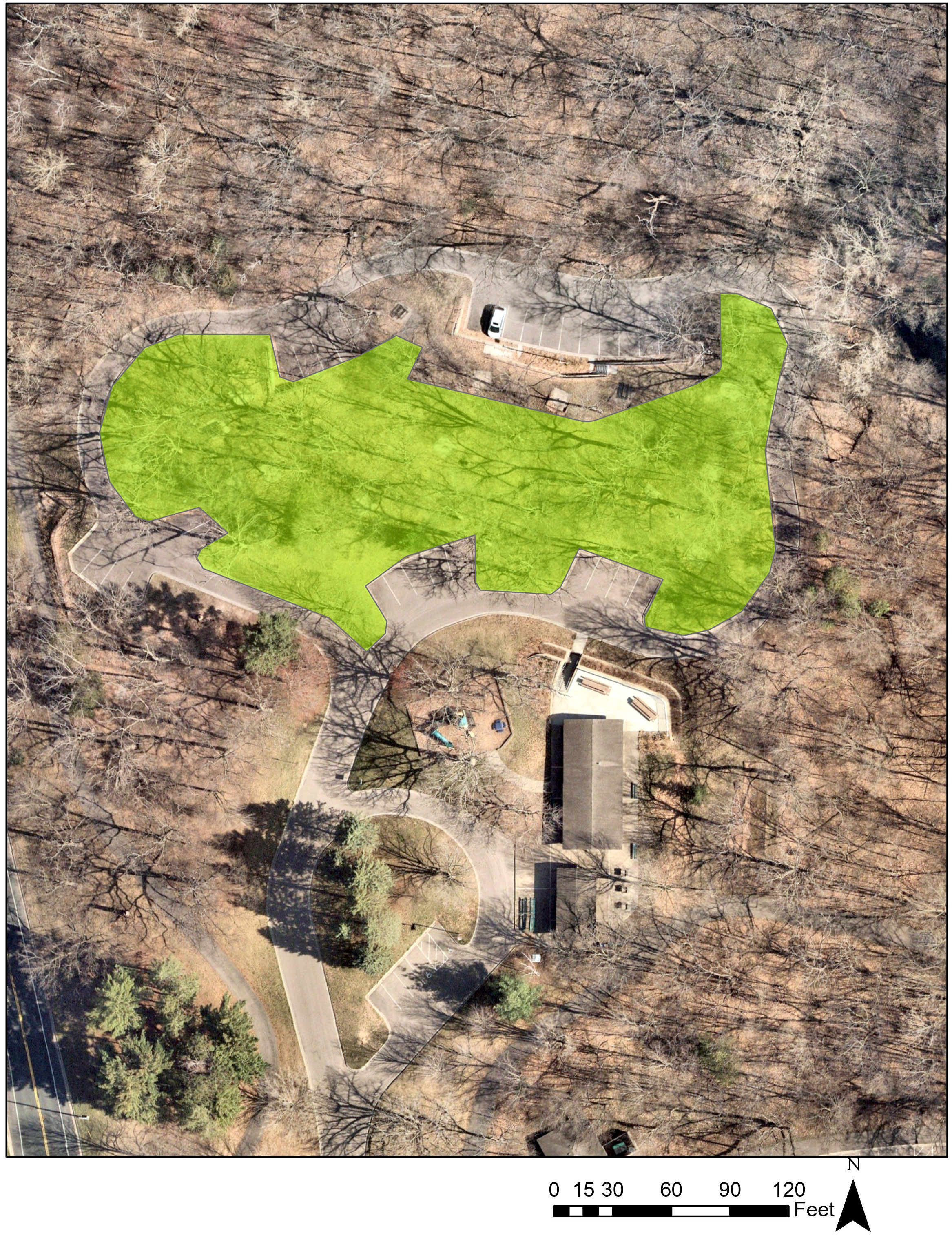 West Bush Lake Park overhead map with shaded area for prairie restoration work Fall 2023 - Spring 2024