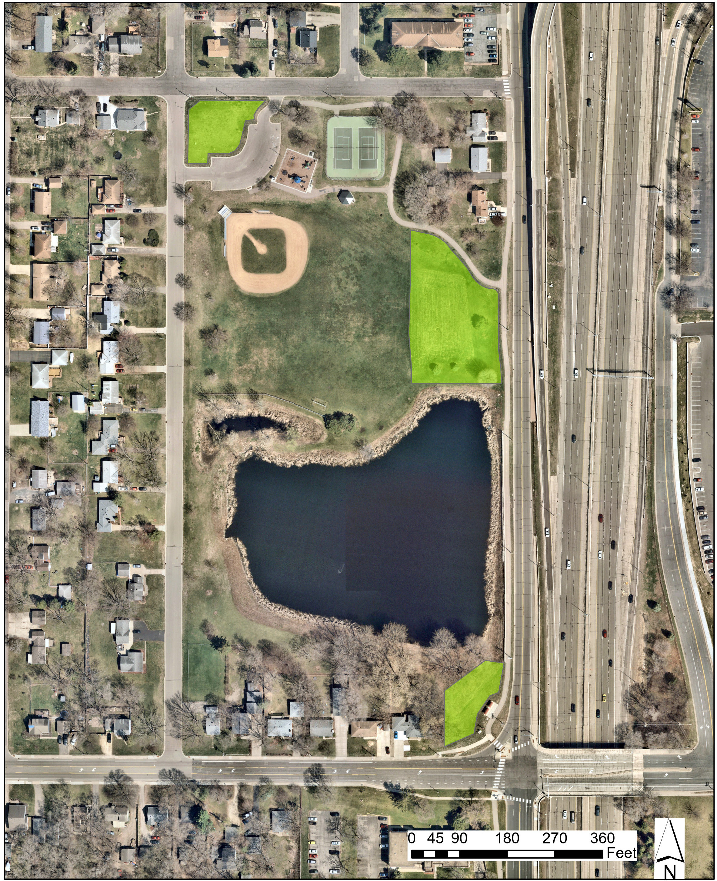 Wright's Lake Park overhead map with shaded areas for prairie restoration work