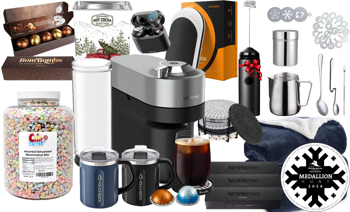 Winter Fete Medallion Hunt Prize Montage 2024 including coffee machine, candy, hot cocoa, mugs, a blanket and more!