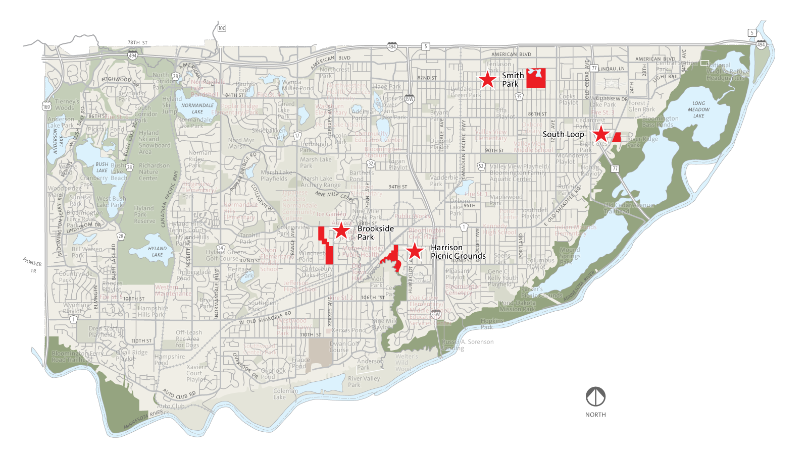 Map of Bloomington Community Gardens. Brookside and Harrison located in central Bloomington. Smith and South Loop located in northeast Bloomington.