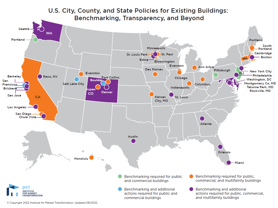 Map of the United States that highlights cities and states that have energy benchmarking programs 