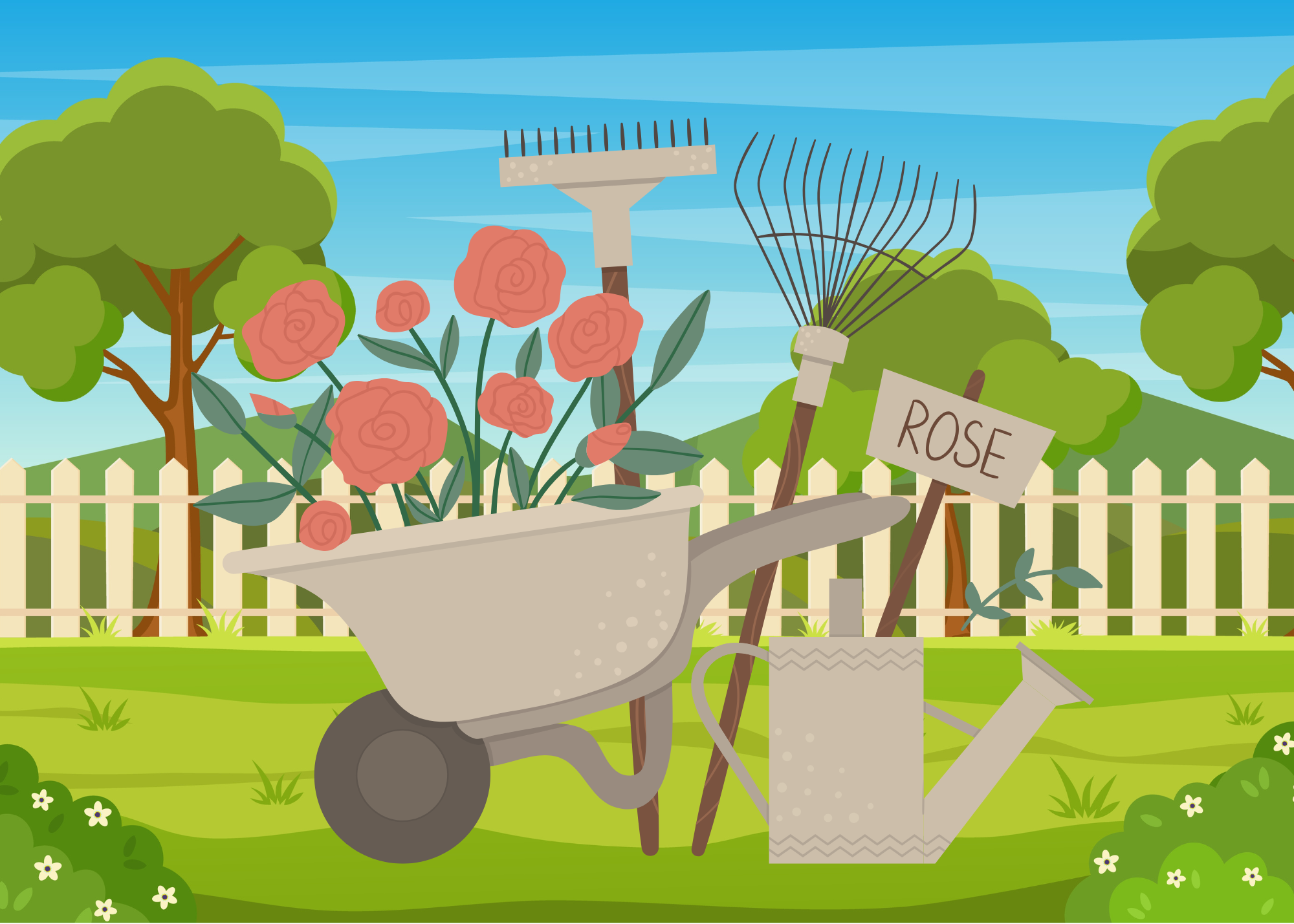 lawn and garden maintenance graphic with wheelbarrow, tools, grass, flowers and trees
