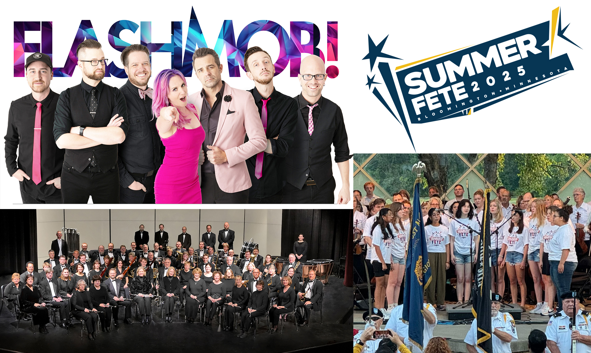 Summer Fete Performer montage with Flashmob!, Angelica Cantanti Youth Choirs national anthem, Medalist Concert Band group photo, and blue and gold angled Summer Fete logo