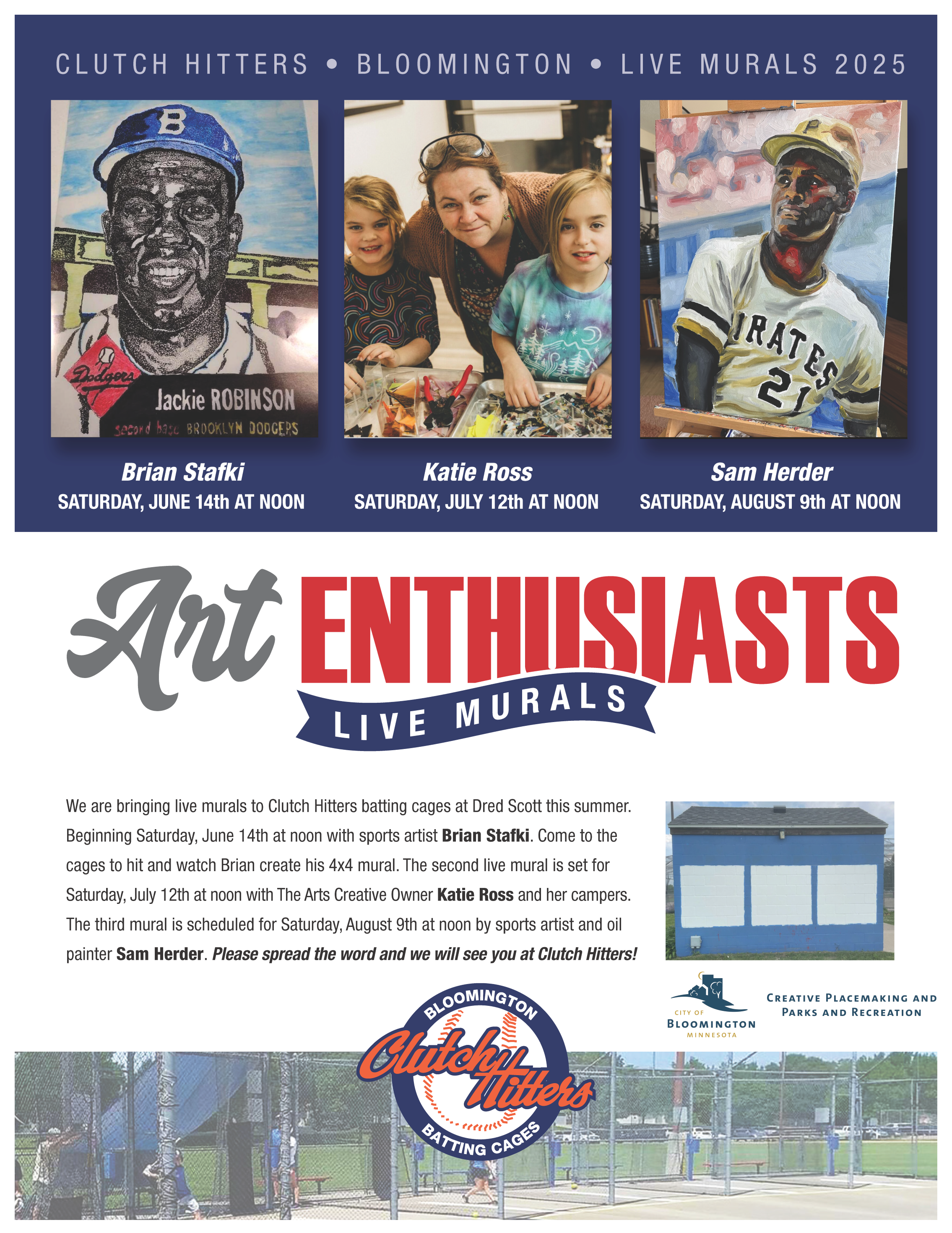 Flyer featuring artist for live mural painting at Dred Scott fields.