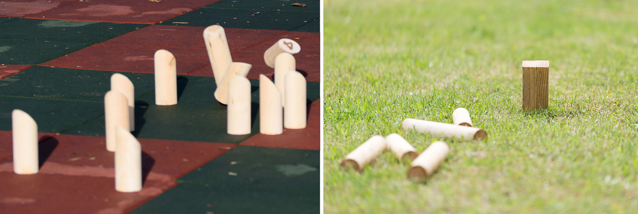dual image with Molkky pins on the left on a red and black surface and Kubb pins on the right on green grass