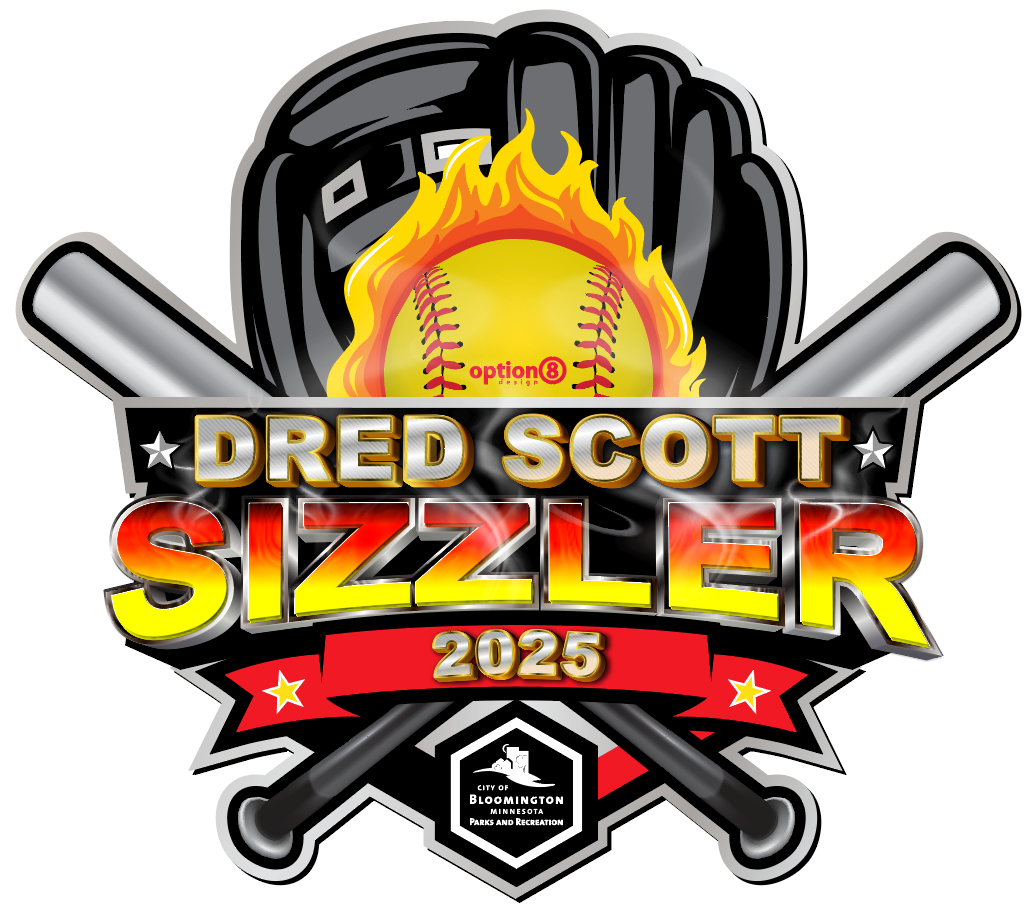 Dred Scott Sizzler 2025 Softball Tournament logo with bats, glove, and yellow softball on fire