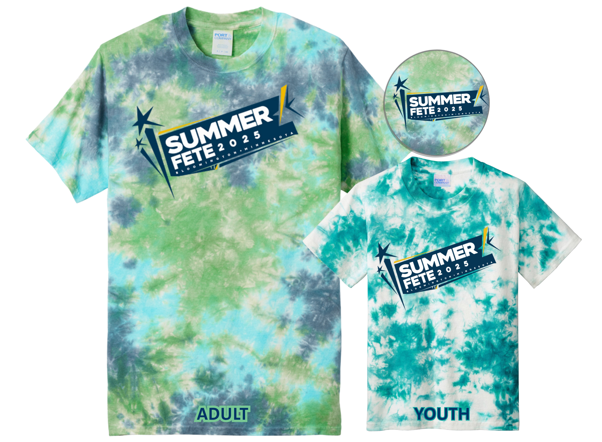 Summer Fete 2025 button plus adult and youth t-shirts in blue-green tie dye pattern with blue and gold Summer Fete logo