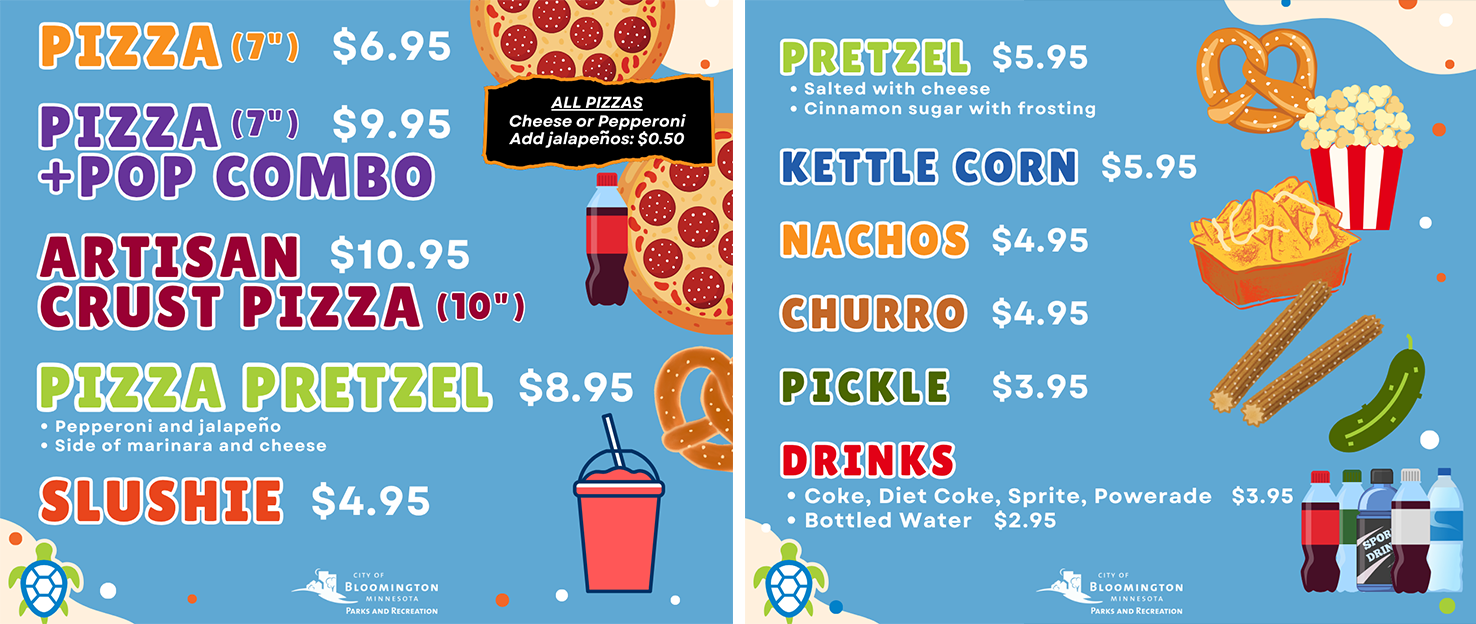Bright blue and orange BFAC Turtle Reef 2025 menu board panels with pizza, pretzels, slushies, drinks and more.