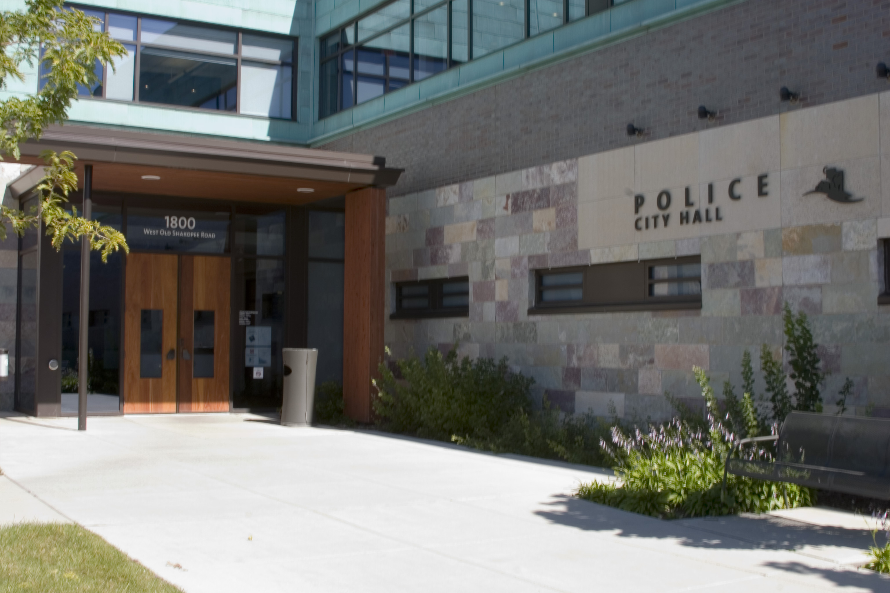Front entrance of Bloomington, Minnesota police department at Bloomington Civic Plaza