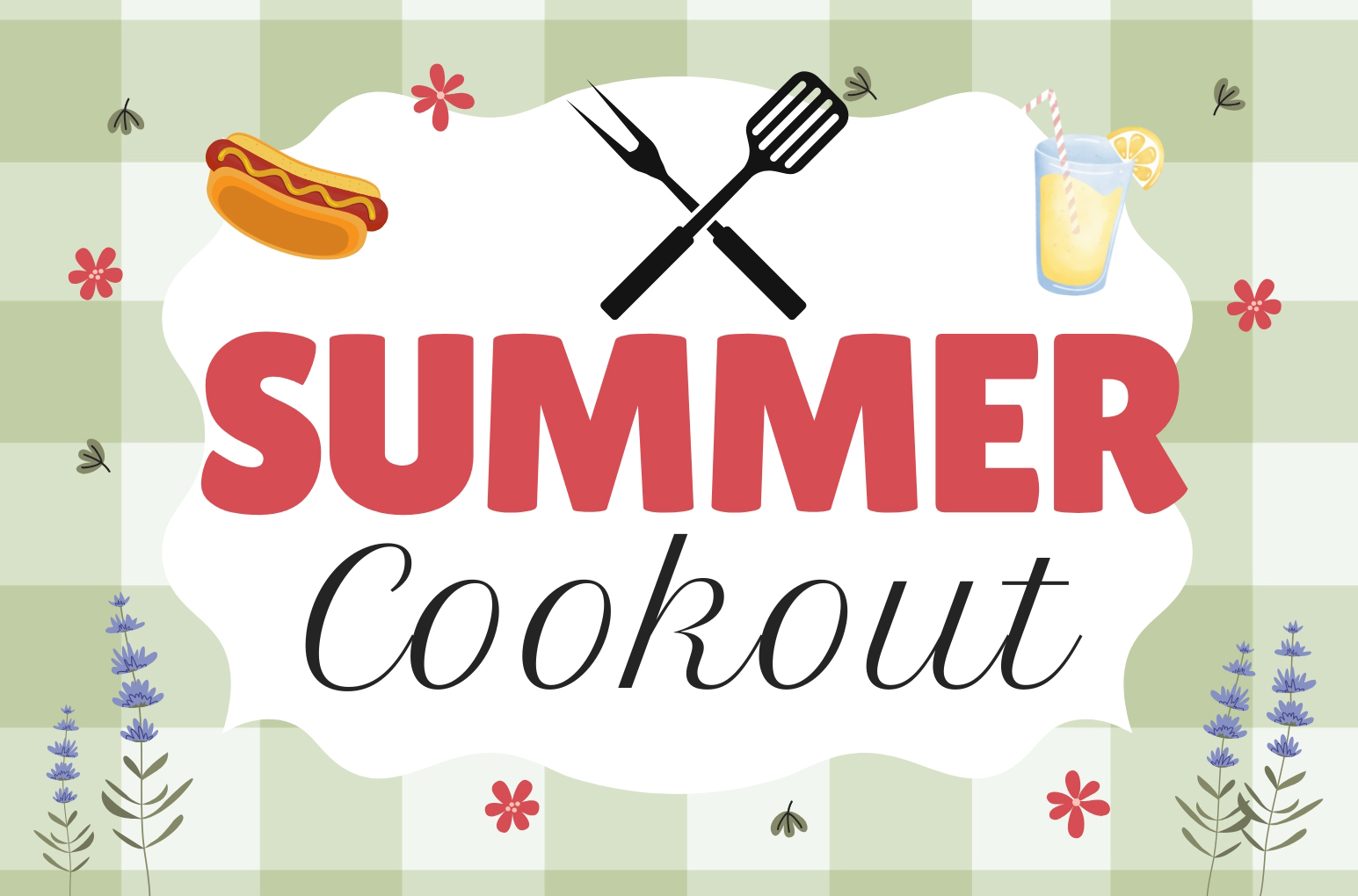 Summer Cookout graphic with hotdog, lemonade and green plaid border