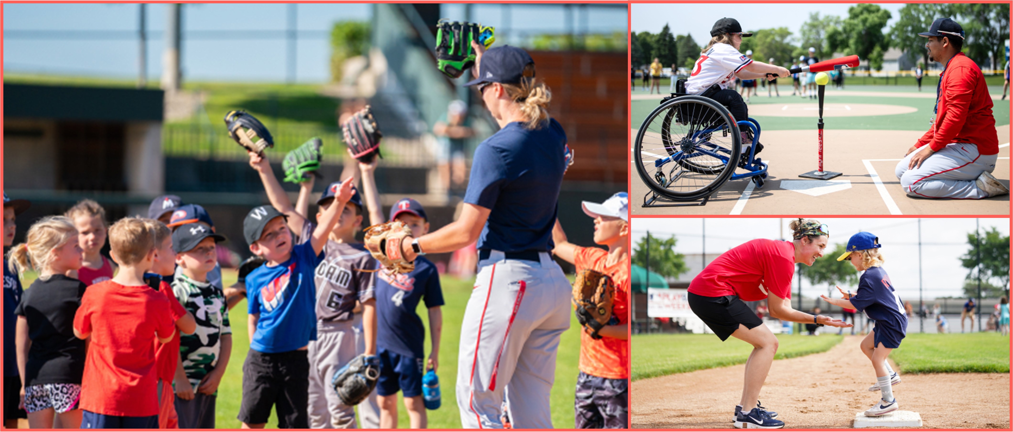 Photo montage of kids and Minnesota Twins Community Fund members practicing and playing baseball and softball