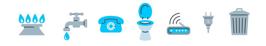 Icons for gas, water, phone, wastewater, internet and garbage services.