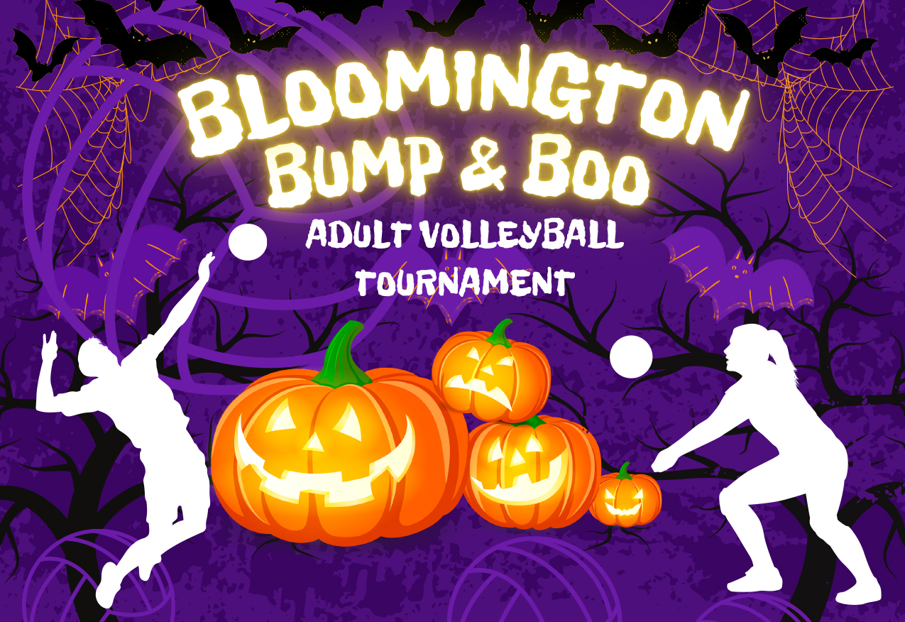 Purple graphic with orange spider webs, black bats, jack-o-lanterns, and volleyball players