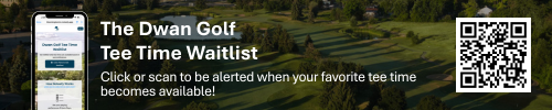 Dwan Tee Time Waitlist banner with QR Noteefy tee time reminder