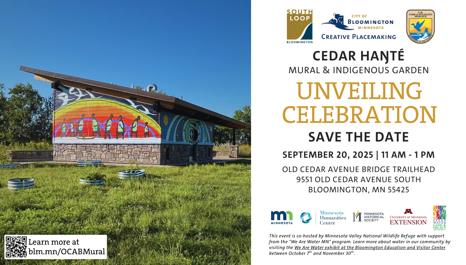 Save the date for Sept. 20 OCAB mural unveiling with picture of vibrant mural on trailhead building with container garden in foreground.