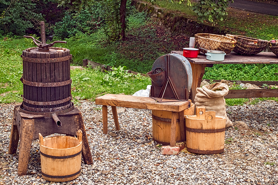 Old fashioned wooden apple press for making juice and cider