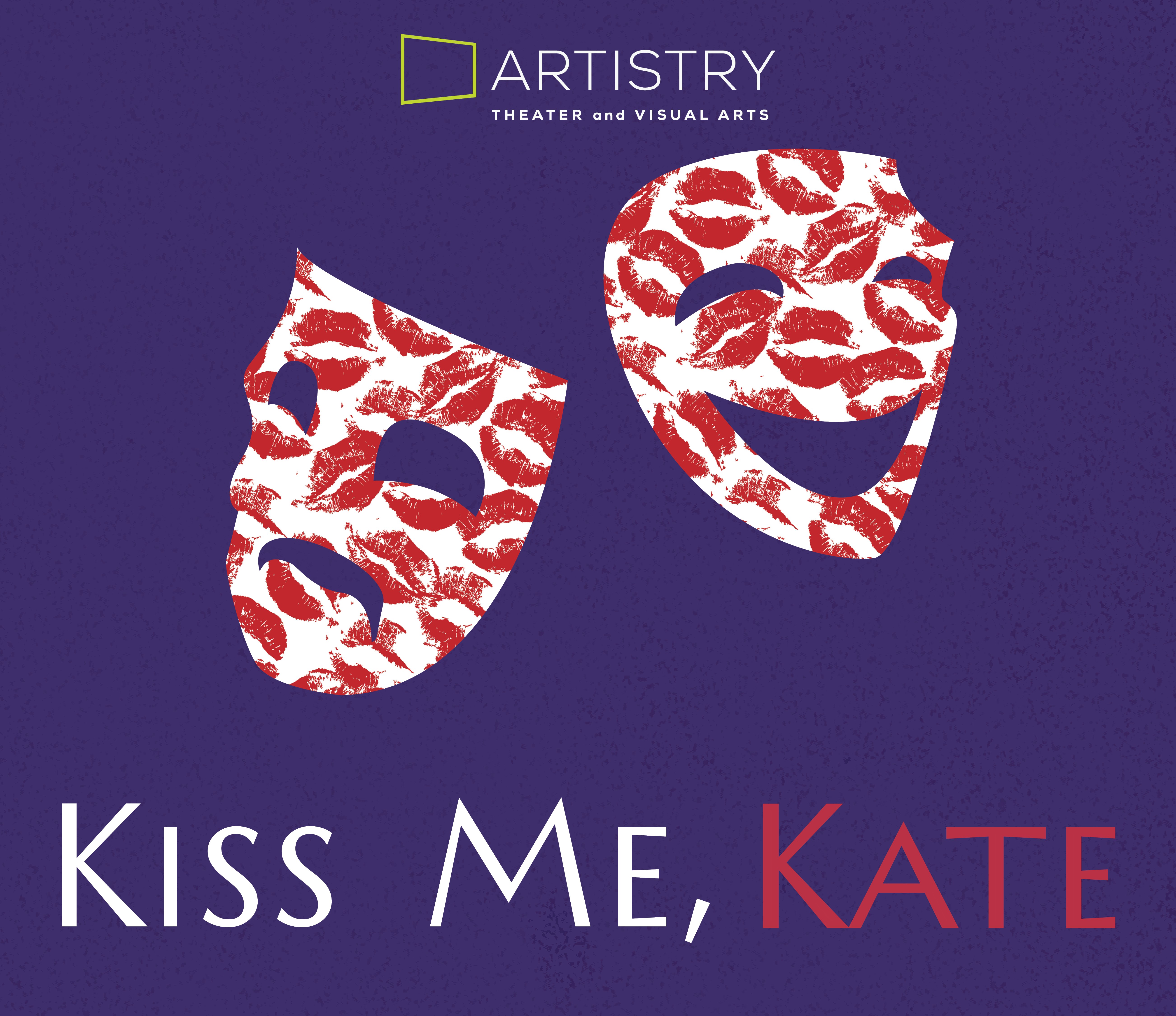 Artistry's Kiss Me, Kate show graphic, purple background with red and white Comedy-Tragedy theatrical masks