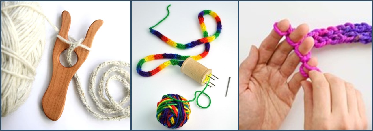 Image montage showing a lucet, spool knitting and hand knitting