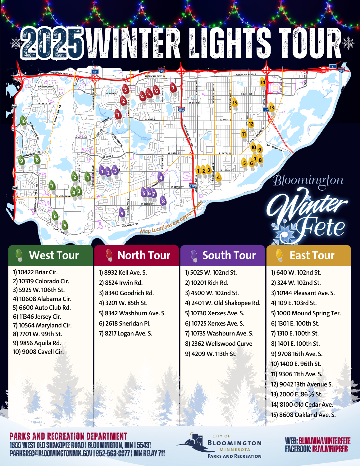 2025 Winter Lights Tour Map with west, north, south, east tours
