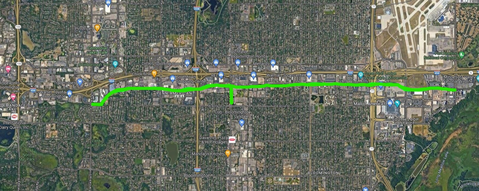 Map showing length of tree planting along American Blvd from Xerxes to 34th Ave. - 2025