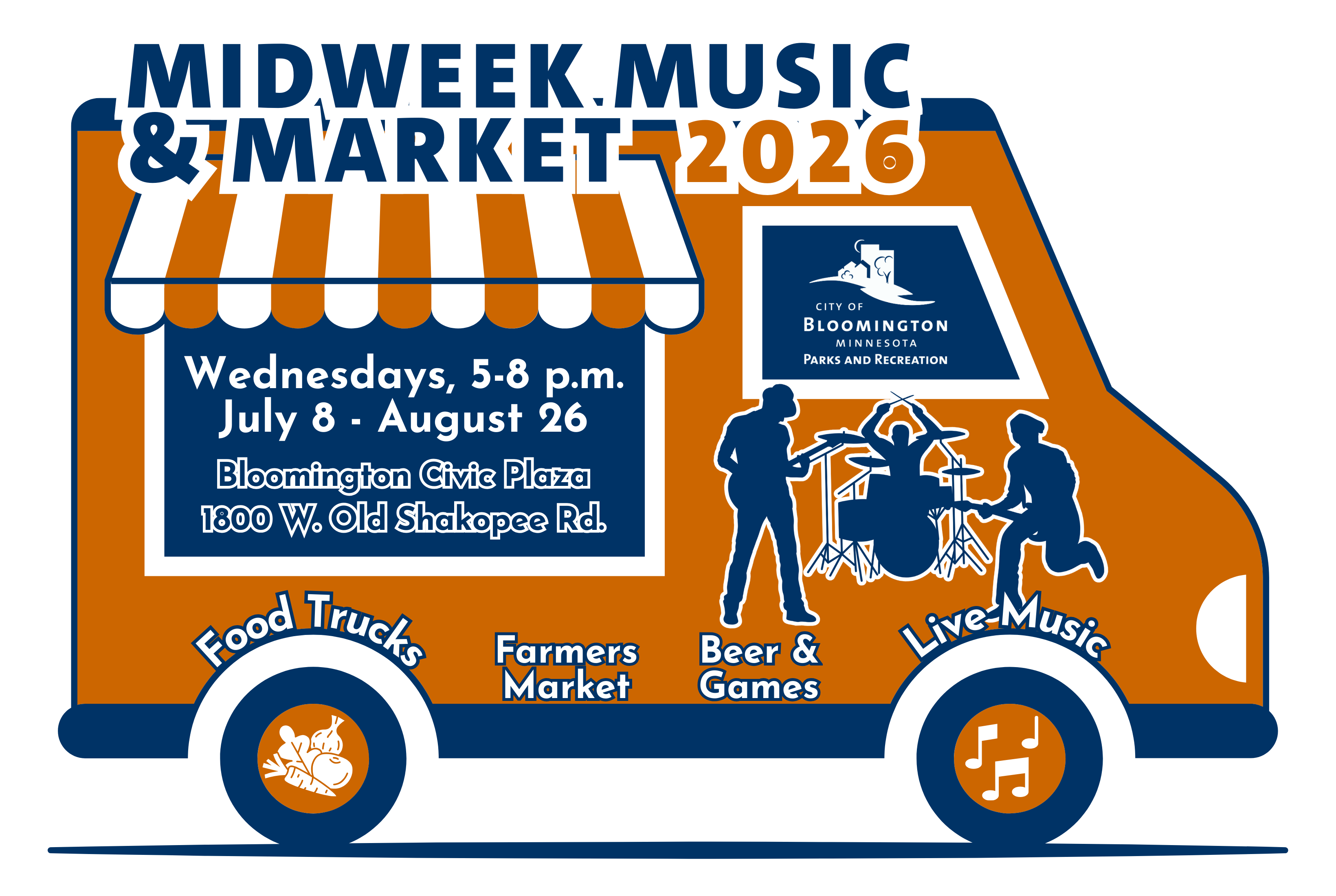 Midweek Music and Market 2026 graphic with food truck, music notes, dates and times