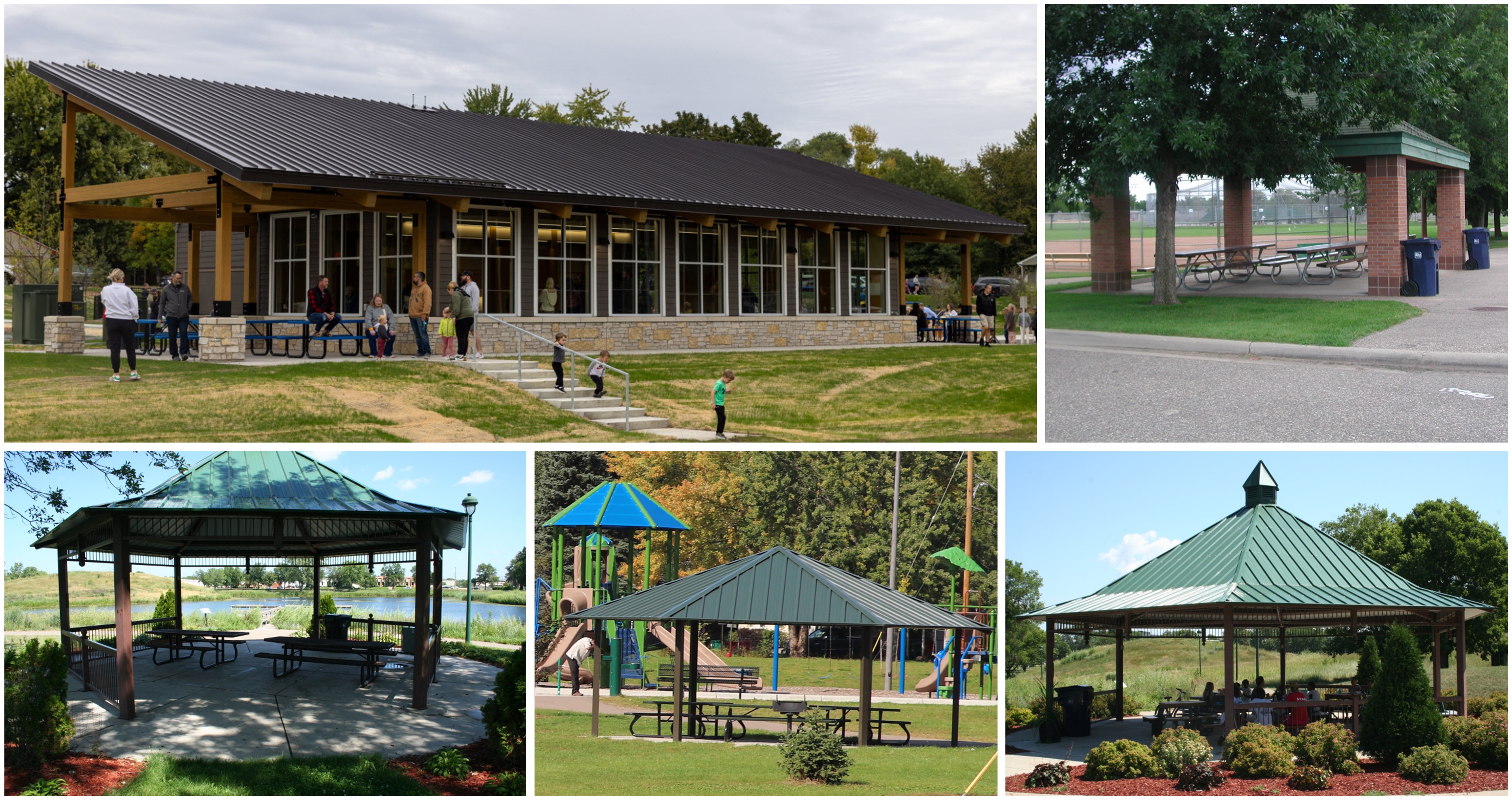 Montage of park shelter images at Bryant, Wright's Lake, Dred Scott and Smith parks