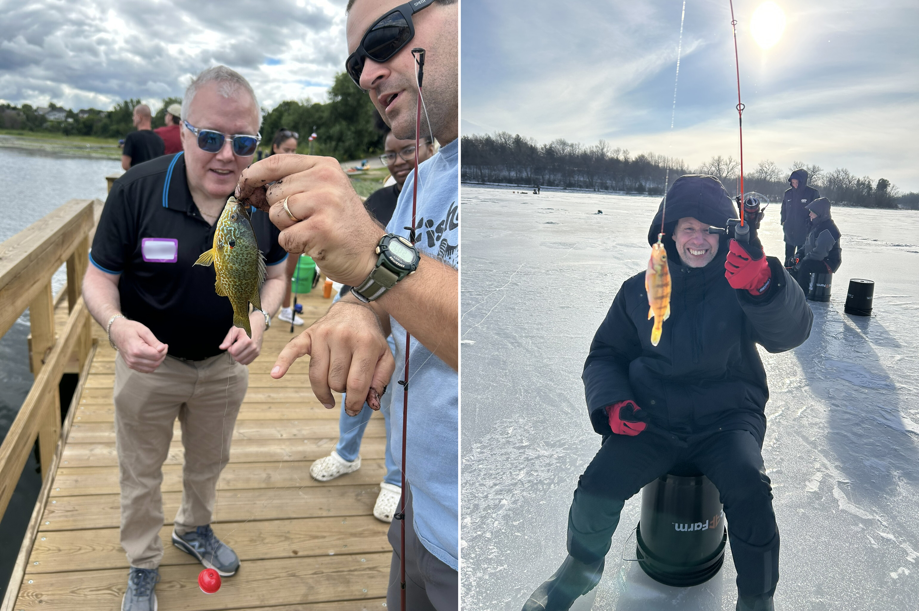 Combined photo of smiling adults participating in summer and winter (ice) adaptive fishing 