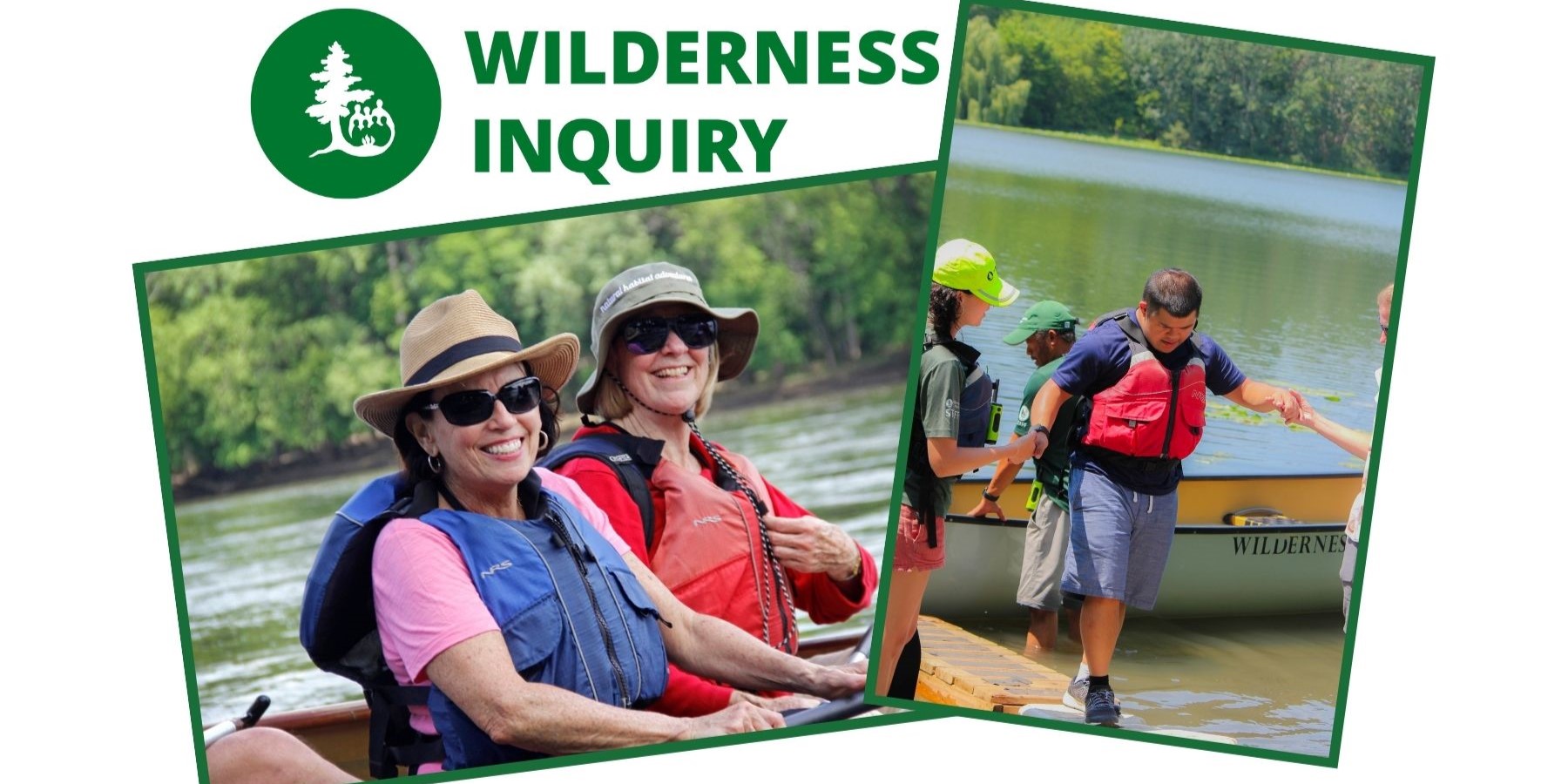 Happy people in canoes with Wilderness Inquiry logo